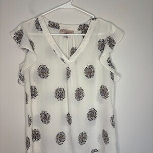 PHILOSOPHY Womens Sheer Top S V-Neck Ruffle Sleeve White Patterned